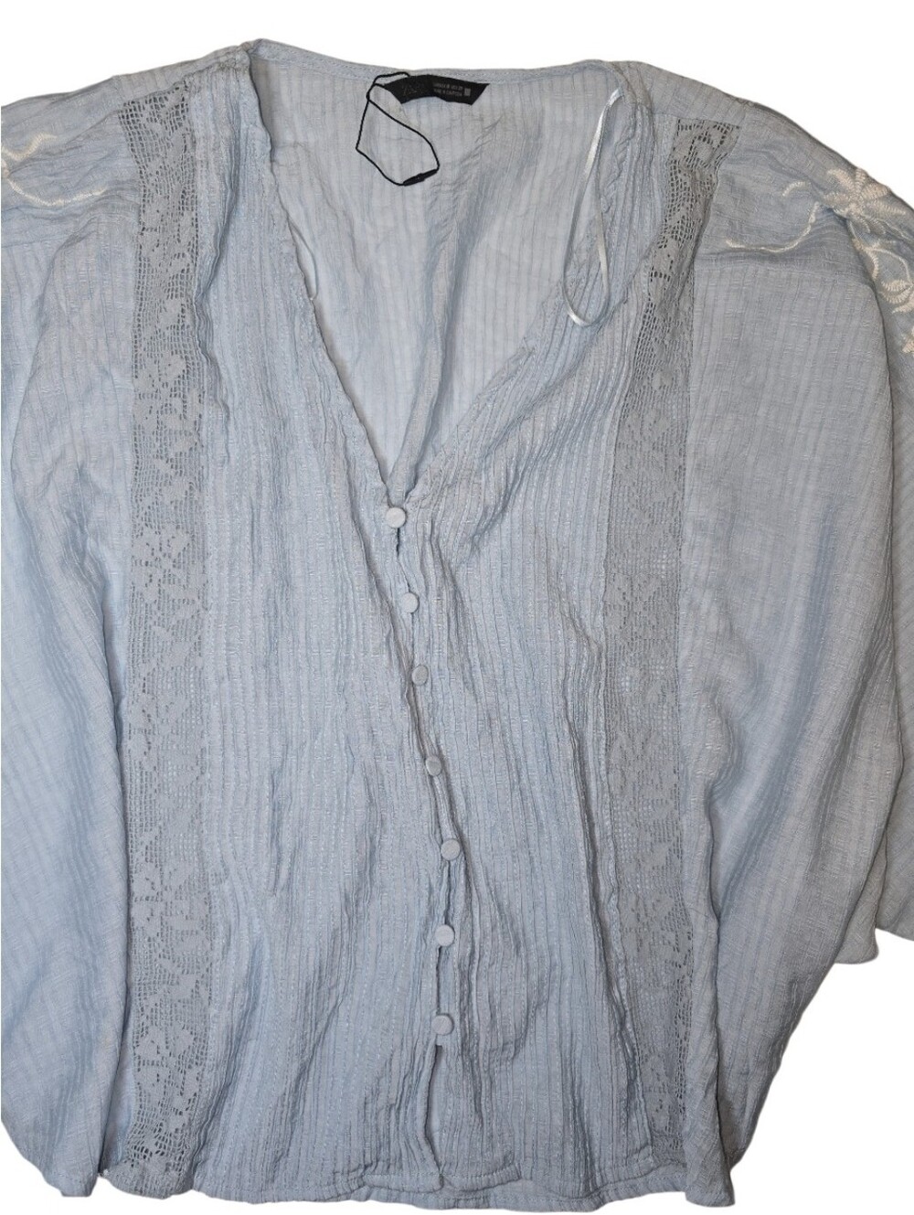Zara Women's Oversized Light Blue Embroidered Lace Boho Blouse Size M NWOT - Picture 6 of 7